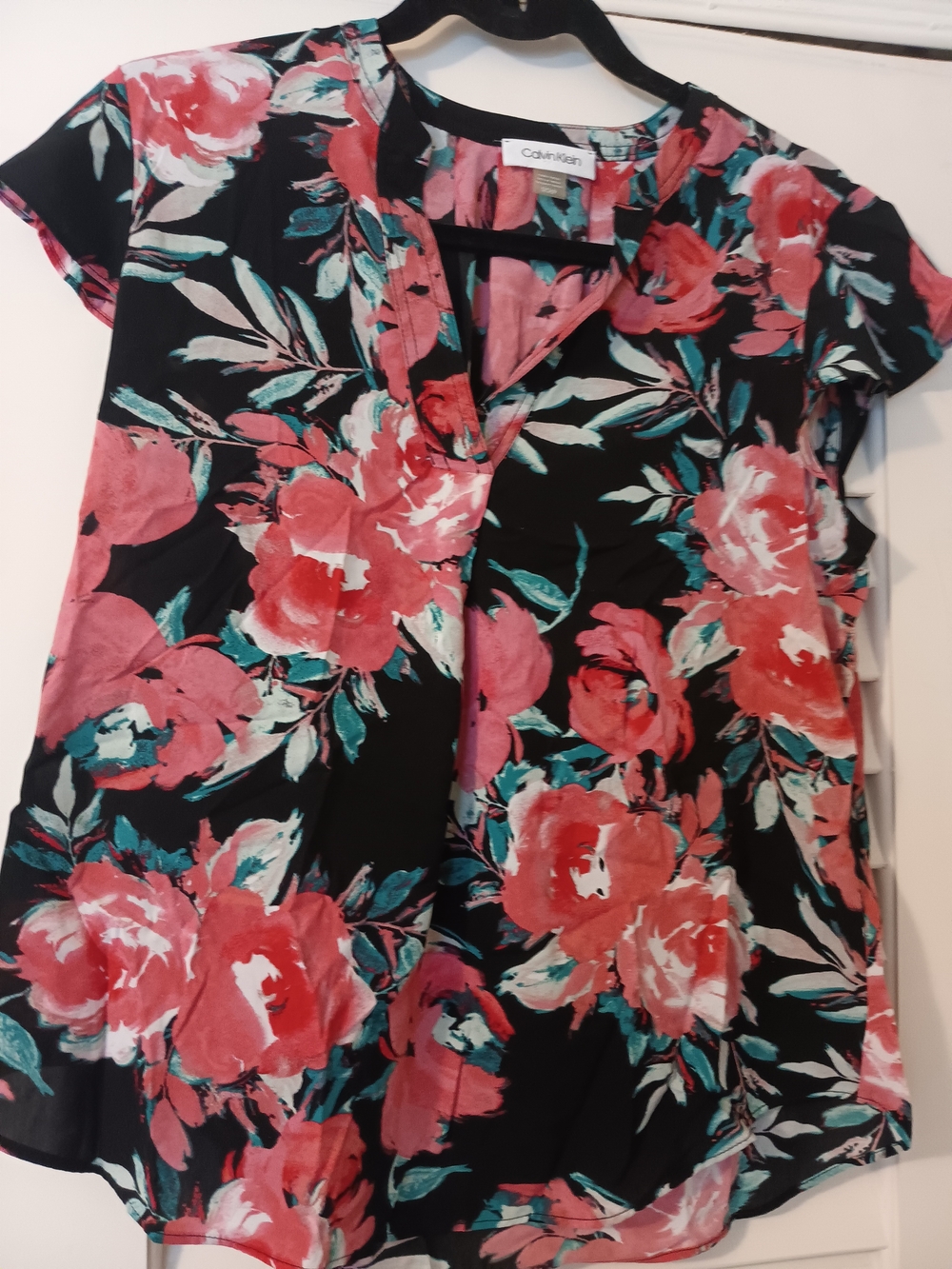 Calvin Klein Black Short Sleeve V-Neck Floral Blouse - Pink & Teal Flowers